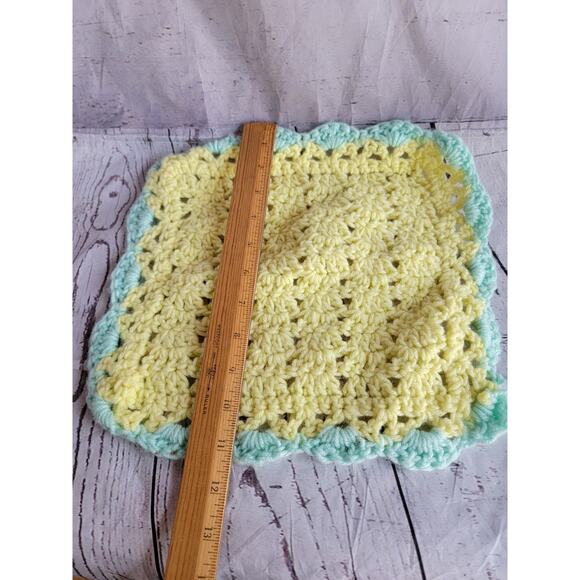 Crocheted Yellow Mint Green Baby Doll Blanket About 11x11in Handmade? - Picture 4 of 5